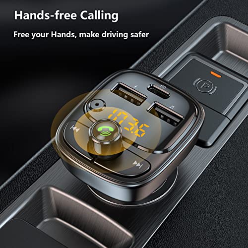 Bluetooth 5.3 FM Transmitter Car Adapter, Wireless Radio MP3 Player Stereo Music Audio Receiver Hands Free Calling, 42W (PD 30W & 12W) USB C Car Charger for iPhone, Support TF Card & USB Disk (Black)