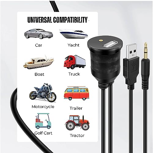 TNP USB AUX Flush Mount Cable, 3.5mm Dash Panel Port for Car and Boat, 3 FT - size: 3 ft