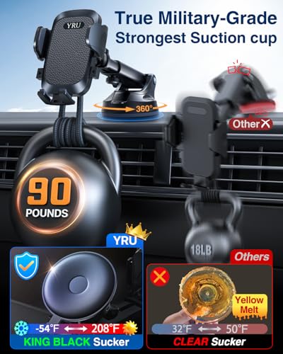 YRU True Military-Grade 360°Rotation Suction 2026 Ultimate Car Phone Holder - color: Matt Black