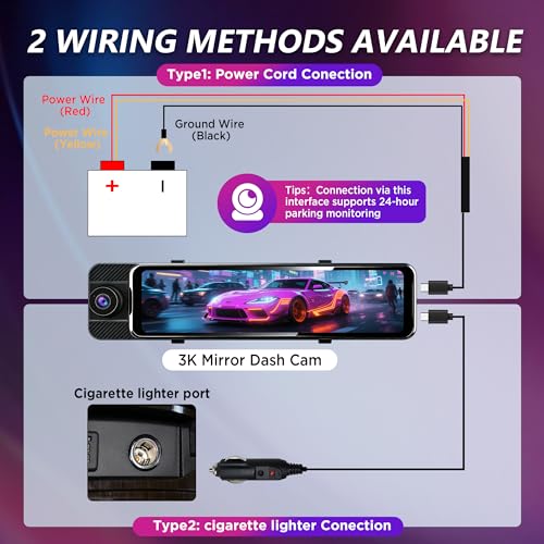 3 Channel Mirror Dash Cam with Front 3K, Cabin & Rear 1080P, 11" Rear View Mirror Camera with WiFi/Night Vision/G-Sensor/Parking Monitor/Reverse Assist /128GB, Backup Camera for Cars/Trucks