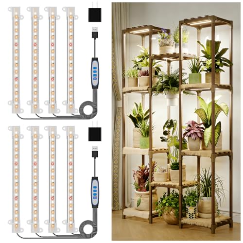 Kullsinss 8 inches LED Grow Light Strips, Full Spectrum Grow Lights for Indoor Plants with 6/12/16H Timer, 5 Dimmable Levels, Plant Light for Seedling Succulent, Ideal for Plant Shelf (4 Strips*2pcs) - size: 2 Pack