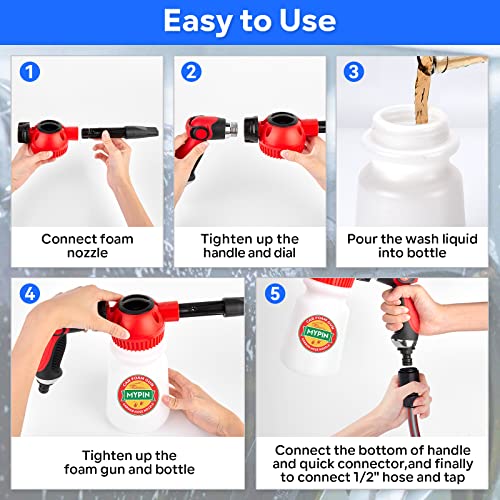 MYPIN Car Wash Foam Gun Set, Foam Cannon, Adjustable Hose Wash Sprayer with 2.5 to 6 Bars Foam Blaster, with Nozzles, Wash Mitten, Suitable for Car Cleaning and Garden Use with 1/2” Quick Connector - color: Black