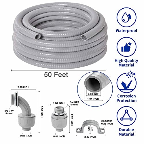 (3/4" Dia * 50 Feet) Yariwiz Flexible Electrical Conduit Liquid Tight PVC Conduit Kit with 5 PCS Coupling, 3 PCS Elbow and 10 PCS Strap, Sealtight Seal Flex Liquidtight Wire Outdoor Non Metallic Grey - style: 3/4"-50ft Kit-Grey