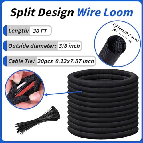 30ft - 3/8in Split Braided Sleeve Cable Management, Self-Wrapping - size: 3/8inx30ft