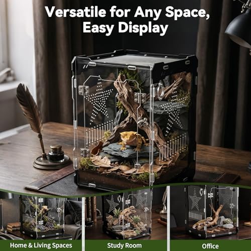 10"x10"x14" Acrylic Reptile Enclosure for Crested Gecko, 6 Gallon Escape-Proof Easy Assembly Large Floor Space, Front Opening Lizard Habitat for Leopard Gecko, Snake, Frog, Small Invertebrates