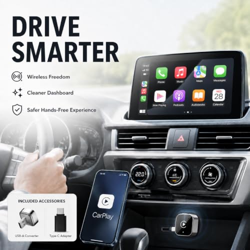 Wireless CarPlay Adapter, 2-in-1 Wired to Wireless CarPlay and Android Auto, Plug and Play, Fast Auto Reconnect, Mini Dongle with USB-A to USB-C Adapter