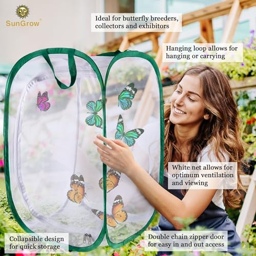 SunGrow Foldable Butterfly Habitat, 24" Butterfly Cage for Caterpillars, Create Farm, Enclosure for Breeding Soldier Fly, Ladybug, Dragonfly, or Housefly for Chicken and Reptile Feed, Green