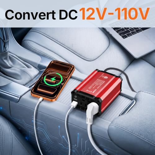 300W Car Power Inverter, DC 12V to 110V AC, PD65W QC18W 2 Outlets - color: Red-300w-65