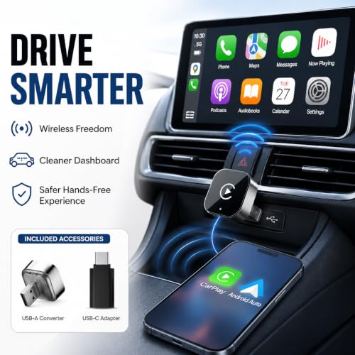 Wireless CarPlay Adapter, 2-in-1 Wired to Wireless CarPlay and Android Auto, Plug and Play, Fast Auto Reconnect, Mini Dongle with USB-A to USB-C Adapter