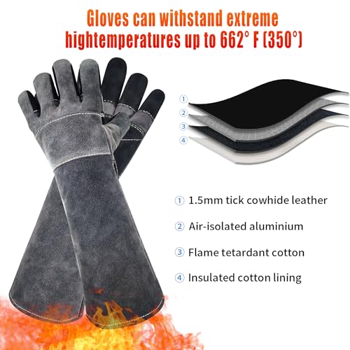 Long Welding Gloves 23.6 Inches 932℉,Heat/Fire Resistant Leather For Mig, Tig, Stick, Forge, BBQ, Grill, Fireplace - color: Grey