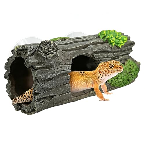 Reptile Hide, Resin Hollow Log Cave with Two Strong Suction Cups,Gecko Tank Accessories Climbing Toy– Climbing Decoration and Hideout for Lizards, Geckos, Snakes, Hermit Crabs, and Frogs