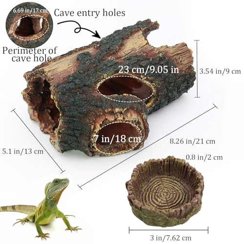 3 pcs Large Reptile Hide Cave Set with Food & Water Bowls. Natural Resin Hollow Tree Trunk Hideout. Reptile and Fish Tank Accessories for Geckos, Lizards, Snakes and Hermit Crabs
