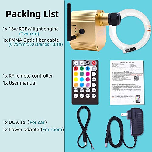Twinkle 16W Bluetooth APP Control Fiber Optic Lights RGBW Music Sync Star Ceiling Light Kit for Car Home Indoor Interior Decoration Starlight Headliner 550 Pieces 0.03in 13.1ft