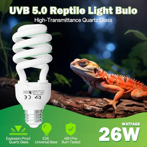 UVB Reptile Light 5.0: 26W Tropical & Subtropical UVA UVB Reptile Light Bulb, UVB Light for Reptiles Compact Fluorescent Terrarium Lamp,UVB Bulb for Chameleon Turtle Gecko Include UV Sensor Card - size: 6.5INCH-5.0