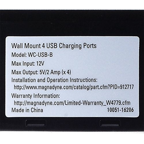 Magnadyne Wall Mount USB-A Charging Ports for RV & Vehicle Use, Includes Wall Plate (Black)