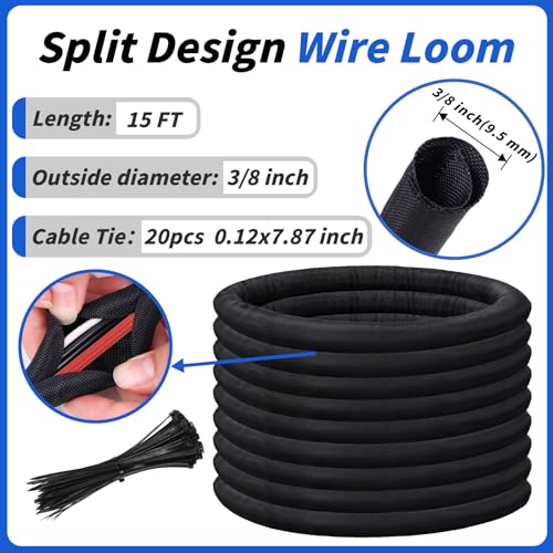 15ft - 3/8in Split Braided Sleeve Cable Management, Self-Wrapping - size: 3/8inx15ft