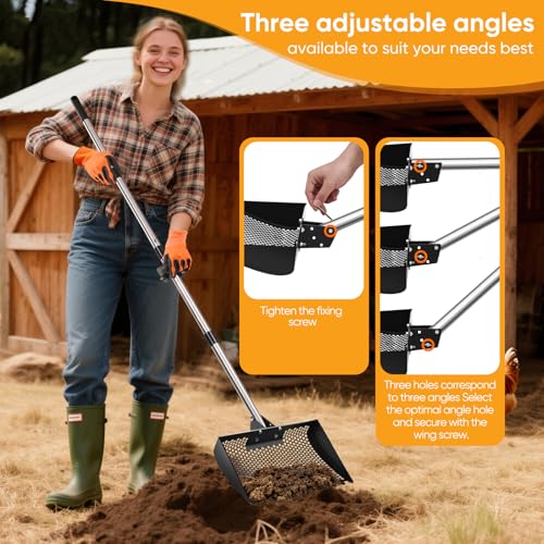 12inch Chicken Poop Scooper & Rake 2-in-1, Heavy Duty Metal Chicken Coop Scoop for Sand with Ergonomic Grip, Adjustable Angle Stainless Steel Chicken Coop Rake Litter Sifting Shovel (37-64") - color: Black