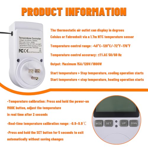 110V Digital Temperature Controller, LCD Screen Heating Cooling Thermostat Outlet Socket with Sensor Timer Regulator for Reptile Incubator Greenhouse Brewing Refrigerator