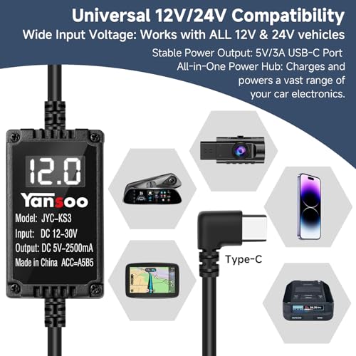 3-Lead USB C Dash Cam Hardwire Kit, Digital Voltage Display, 12V-24V to 5V - size: KS3