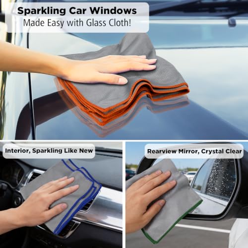 Puomue 12 Pack Microfiber Glass Cleaning Cloth, 320GSM Thick Lint Free Glass Towels, Reusable Window Cleaning Cloth for Windshields, Lenses, Glasses, Mirrors & Windows, Polishing Silver, 13.8" x 10.8"