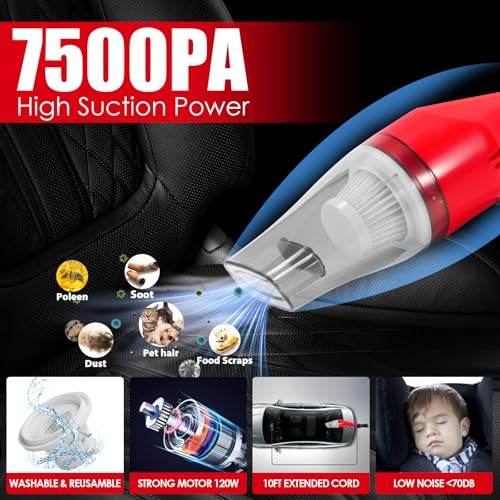 17PCS Car Cleaning Kit, Car Interior Detailing Kit with Red High Power Handheld Vacuum, Detailing Brush Set, Windshield Cleaner, Cleaning Gel, Complete Auto Accessories for Women - color: Red