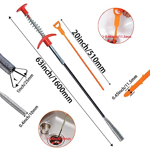 SDTC Tech 6-Pack 64 Inch Snake Drain Cleaner and 20 Inch Hair Clog Remover Flexible Spring Pipeline Claw Hook Retriever for Sewer Toilet Kitchen Sink Bathroom Tub - color: 5pcs 20inch+ 1pcs 64inch