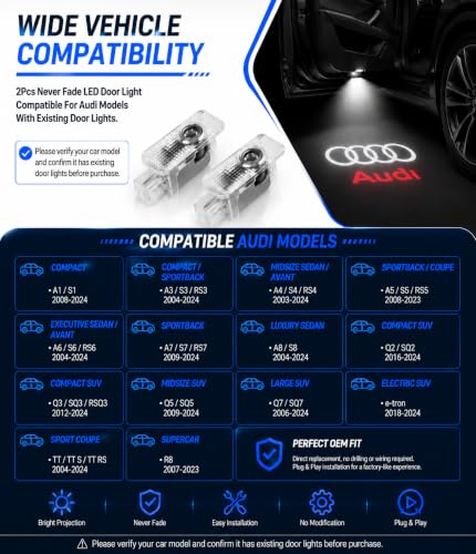 2Pcs Never Fade LED Door Light Logo Projection Compatible with Audi A3/A4/A5/A6/A7/A8/Q3/Q5/Q7/R8/TT/RS/S3/S4/S5/S6 Car Accessories - color: YBD-007