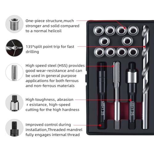 M8X1.25 Metric Thread Repair Kit with Insert HSS Drill, Tap, Installation Driver, Counterbore, Two Sizes Stainless Steel Insert 5PCS 11.7MM and 5PCS 16.2MM - size: M8X1.25X11.7MM&16.2MM Thread Repair Kit