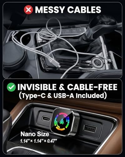 Wireless CarPlay Adapter,Car Play Wireless Adapter, 2-in-1 CarPlay Car Adapter Dongle, Convert Factory Wired Apple CarPlay to Wireless, Ultra-Mini Plug & Play, Includes USB C & USB-A