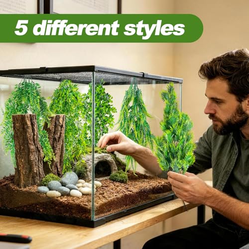 CousDUoBe 10 Pcs Reptile Plants Decorations,Terrarium Hanging Plants Vines Artificial Leaves Habitat Decorations with Suction Cup for Bearded Dragon Hermit Crab Lizard Snake Geckos Chameleon