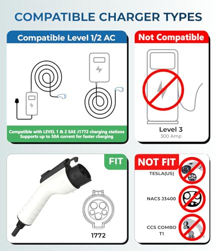 EV Charger Extension Cable, 50A 17ft SAE J1772 Extension Cord Compatible with 110V-240V Level 1/Level 2 EV Chargers for J1772 EVs/PHEVs,IP67 Waterproof Car Charger Extension Cable with Bag - size: 17FT-50A