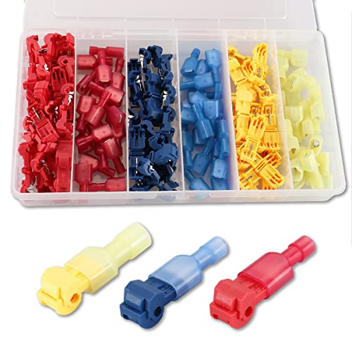 Baomain 120PCS Quick Splice Wire Terminals Kit, T-Tap Self-Stripping Connectors with Nylon Fully Insulated Male Spade Terminals, Red Blue Yellow Assortment
