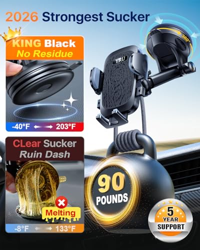 YRU True Military-Grade 360°Rotation Suction 2026 Ultimate Car Phone Holder - color: Jet Black
