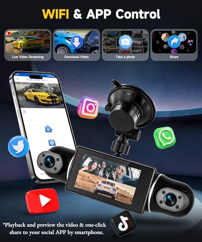 4-Channel Dash Cam 2K Front+1080P Rear & Interior Cameras - WiFi App Control, 360° Coverage, Night Vision, Loop Recording, G-Sensor, 24H Parking Mode