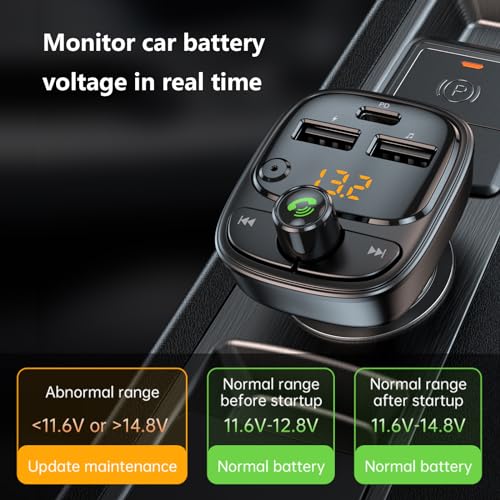 Bluetooth 5.3 FM Transmitter Car Adapter, Wireless Radio MP3 Player Stereo Music Audio Receiver Hands Free Calling, 42W (PD 30W & 12W) USB C Car Charger for iPhone, Support TF Card & USB Disk (Black)