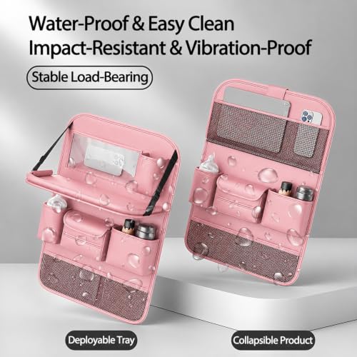 2 Pack Leather Car Backseat Organizer with Foldable Table Tray, Universal Car Seat Back Protector Kick Mat with Touchscreen Tablet Holder, Storage Pockets, Cup Holders & Tissue Holder, Pink - color: Pink