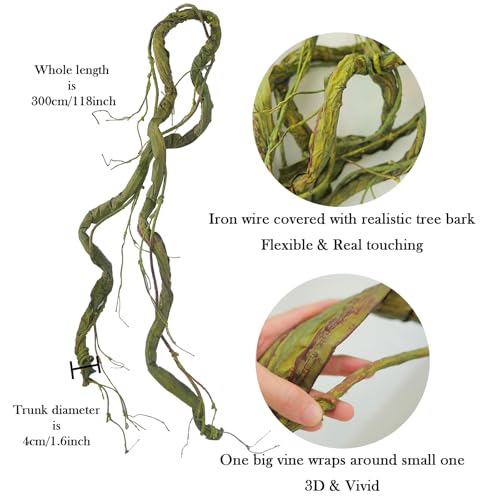 118in Bendable Greenery Garland Halloween Vine for Hanging Decor | Large Tree Branches Artificial Wall Grapevines Craft Plants Tree Trunk Creepy Jungle Twigs Reptile Climbing Mantel Decoration