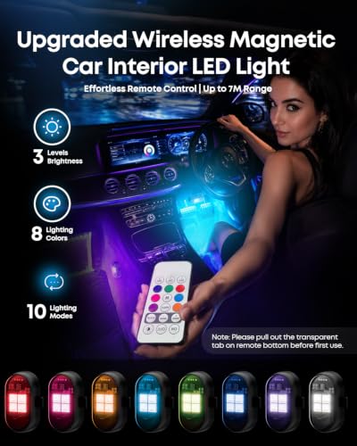 Wireless Magnetic Car Interior LED Lights, RGB Ambient Lighting with Remote
