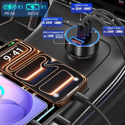 Car Charger USB C,98W 4-Port Super Fast Car Phone Cigarette Lighter Adapter - color: Black