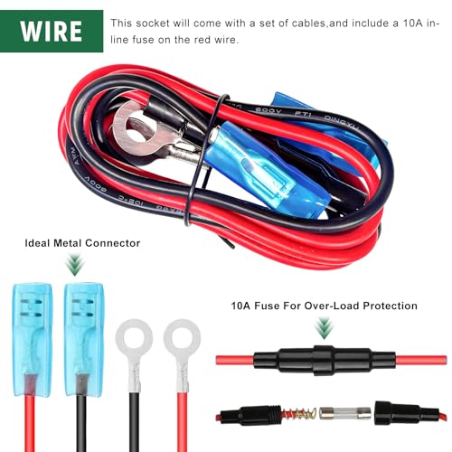 2 PCS 12V Cigarette Lighter Socket, DC Waterproof Power Outlet Socket with Fuse Wires, Cigarette Lighter Female Connectors Replacement for Car Marine Boat Motorcycle ATV RV - color: 2 PCS