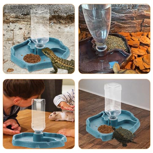 SUPVOX Automatic Reptile Water Bowl and Food Holder for Tortoises and Lizards, Lake Blue and Dark Brown Waterer with Reservoir, Terrarium Feeding Dish for Turtle and Bearded Dragon