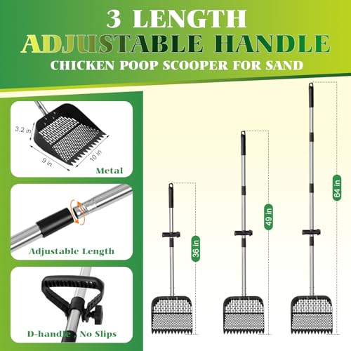 Chicken Poop Scooper for Sand, Coop Scoop with 22 to 64" Adjustable Handle, 2-in-1 Metal Shovel Head Chicken Scooper for Poop, Litter Rake & Sifting Shovel for Pet Waste Cleaning