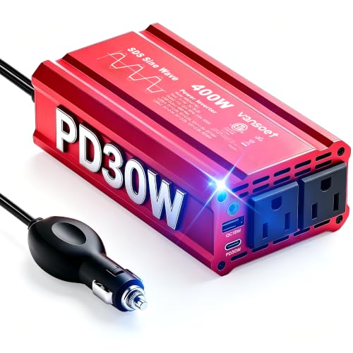 400W Car Power Inverter, DC 12V to AC 110V, PD3.0 QC18W 2 Outlets Dual USB - color: Red-30