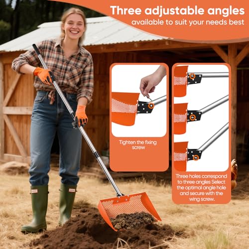 12inch Chicken Poop Scooper & Rake 2-in-1, Heavy Duty Metal Chicken Coop Scoop for Sand with Ergonomic Grip, Adjustable Angle Stainless Steel Chicken Coop Rake Sifting Shovel (37-64"),Orange - color: Orange