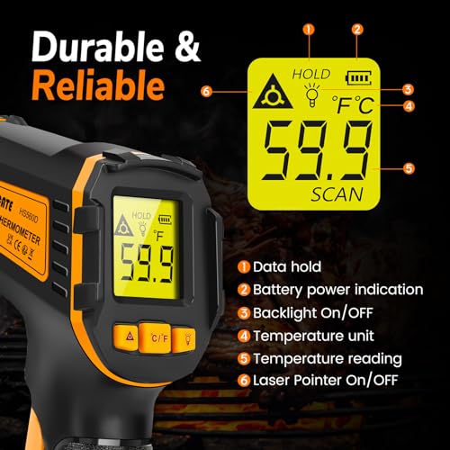 Infrared Thermometer Digital Temperature Gun Laser Meat Thermometer for Cooking, Food, Pizza Ovens, Grilling, Engine, Candy, Laser Griddle, Indoor HVAC Refrigerator Tool -58°F to 1112°F (-50℃~600℃)