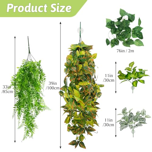 Hamiledyi 5 Pcs Reptile Plants Terrarium Hanging Fake Plant Leaves and Tank Habitat Decorations 2 PCS Terrarium Hanging Plants for Lizard, Snake, Bearded Dragon, Leopard Gecko