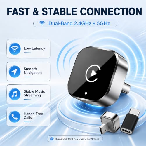 Wireless CarPlay Adapter, 2-in-1 Wired to Wireless CarPlay and Android Auto, Plug and Play, Fast Auto Reconnect, Mini Dongle with USB-A to USB-C Adapter