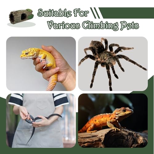 Reptile Hide, Resin Hollow Log Cave with Two Strong Suction Cups,Gecko Tank Accessories Climbing Toy– Climbing Decoration and Hideout for Lizards, Geckos, Snakes, Hermit Crabs, and Frogs