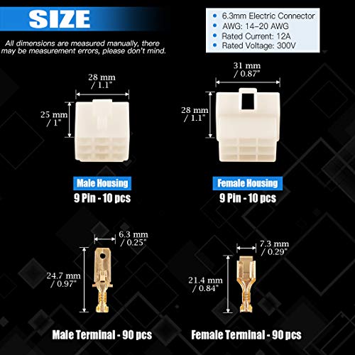 Glarks 200Pcs 6.3mm 9 Pin Way Electrical Automotive Wire Connector Male Female Socket Plug and Terminals Kit for Motorcycle, Bike, Car, Boats (10Set 6.3mm 9P) - size: 10Set 6.3mm 9P