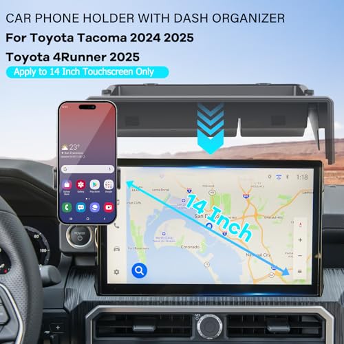 Car Phone Holder Fit for Toyota Tacoma 2024 2025/4Runner 2025 Accessories Fit 14-inch Screen, Dashboard Organizer with Cell Phone Mount Automobile Cradles Hands-Free 360 Degree Rotation - size: 24-25 Toyota Tacoma / 25 Toyota 4Runner